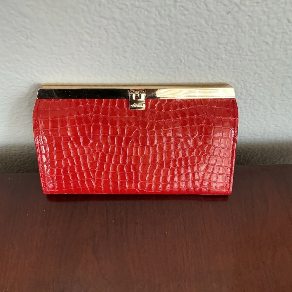 Abas Red Patent Leather Alligator Accordion Wallet